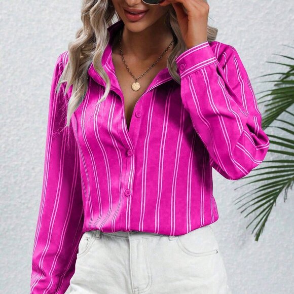 Hot Pink Casual Women's Striped Long Sleeve Shirt - Picture 5 of 6